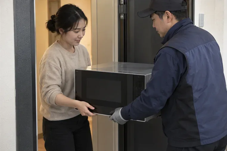 아파트 현관 문턱에서 주민과 수거 작업자가 전자레인지를 함께 안전하게 옮기는 모습