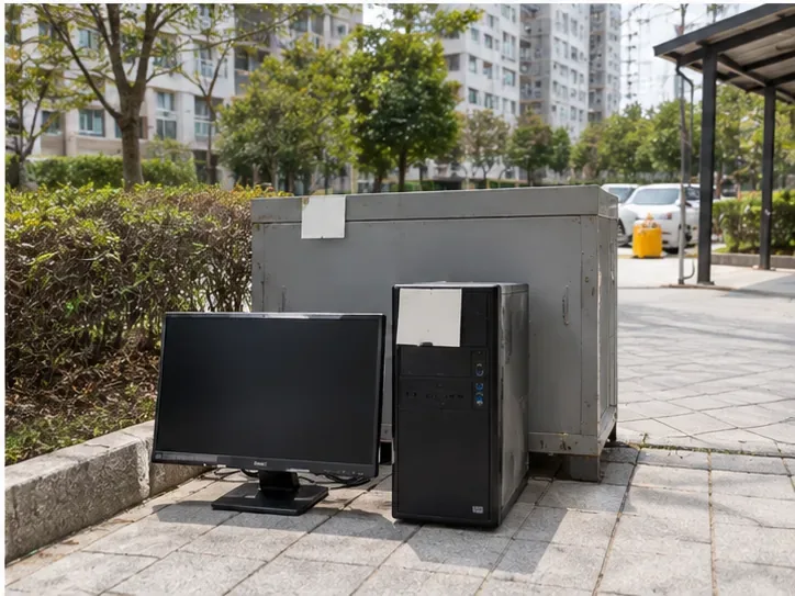 아파트 단지의 지정 수거 장소 옆에 데스크톱 본체와 모니터를 준비한 모습