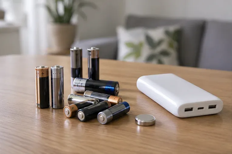 가정의 테이블 위에 사용이 끝난 원통형 건전지와 동전형 전지, 보조배터리를 따로 모아 둔 모습