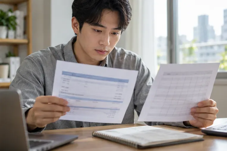 근로자가 급여명세서와 근무기록표를 나란히 확인하는 모습.
