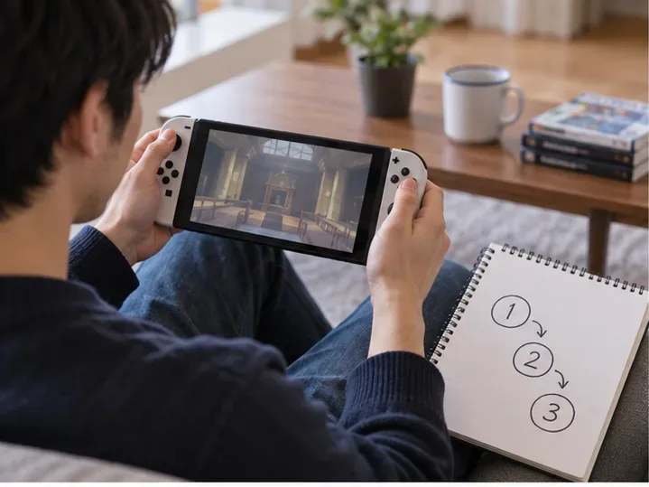 携帯ゲーム機を手にし、横のノートに1、2、3の順番を書いてプレイ計画を立てている人
