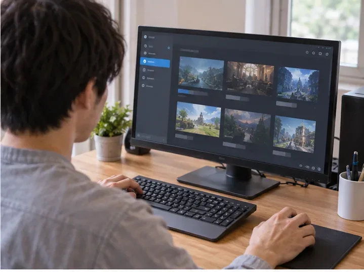 デスクトップPCのゲームライブラリ画面を見ながらマウスを操作する人