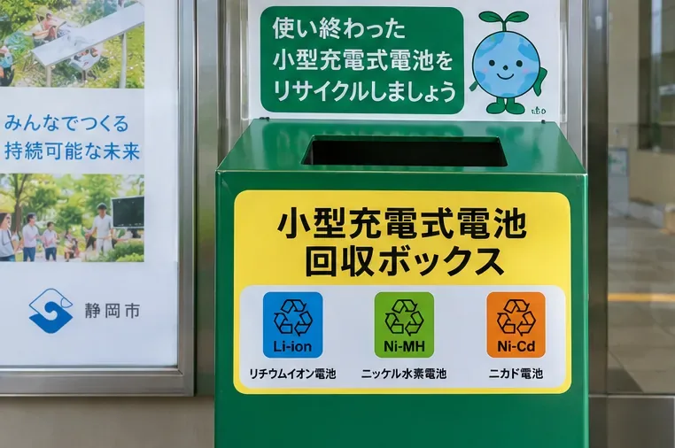 小型充電式電池の回収ボックスを示す例で、Li-ion、Ni-MH、Ni-Cdの表示が見える