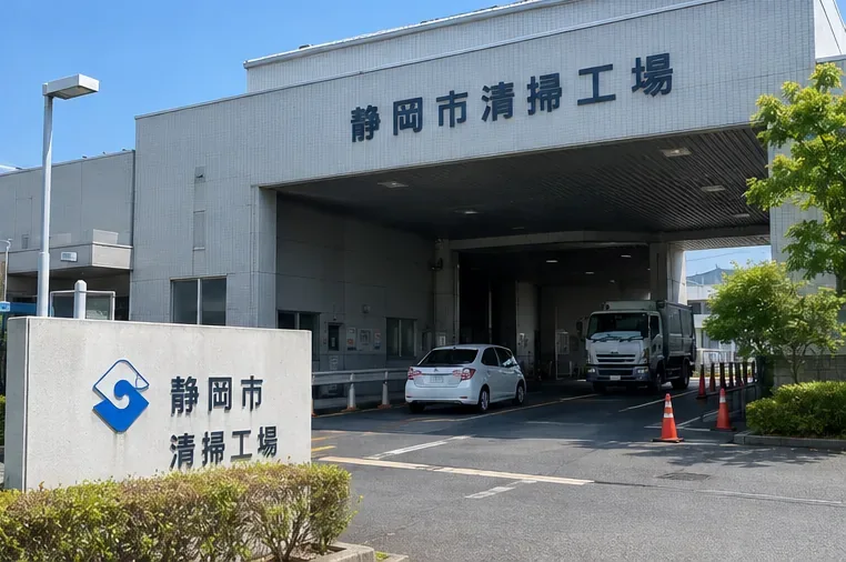 ごみ処理施設を示す建物外観の例で、搬入車両が出入りする受付付近が見える