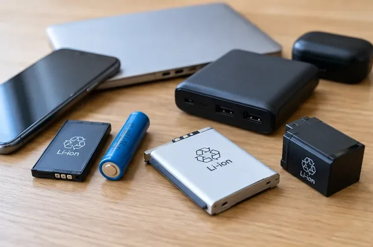 スマートフォン、モバイルバッテリー、円筒形セル、交換式バッテリーパックなど複数のリチウムイオン電池使用製品を机上に並べた様子
