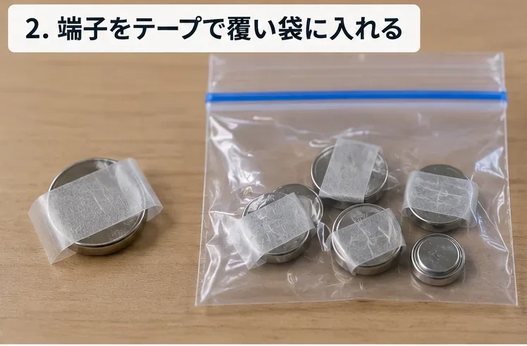 複数の丸形電池に透明なテープを貼って絶縁し、持ち運び用の透明袋にまとめている様子