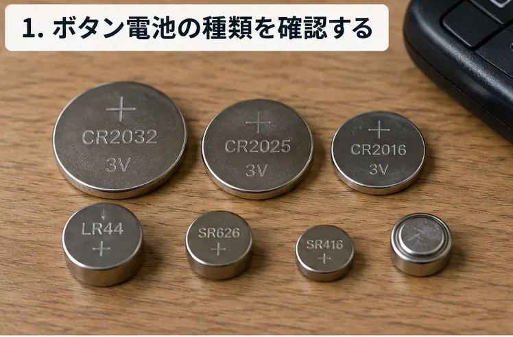 机の上にCR2032、CR2025、CR2016と、LR44、SR626、SR416など大きさの異なる丸形電池が並んでいる