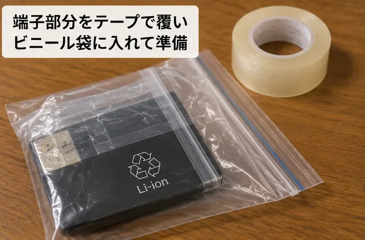 リチウムイオン電池の端子部分を透明テープで覆い、透明な袋に入れて準備した様子