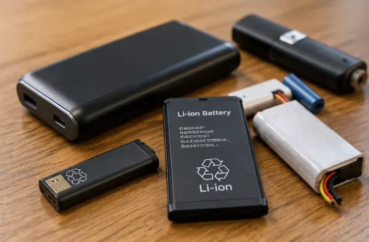 モバイルバッテリー、交換式電池、円筒形セルなど複数のリチウムイオン電池使用製品を木の机に並べた様子