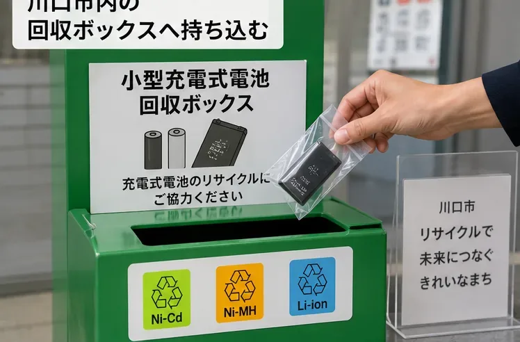 充電式電池用の回収ボックスへ、絶縁した小型電池を透明袋に入れて持ち込む場面