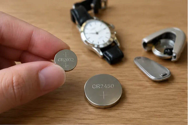 木の机の上でCR2032とCR2450のコイン形電池を確認している様子