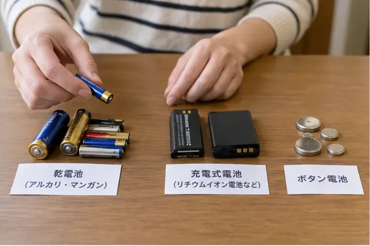 机の上でアルカリ・マンガン乾電池、充電式電池、ボタン電池を種類別に分けて確認している様子