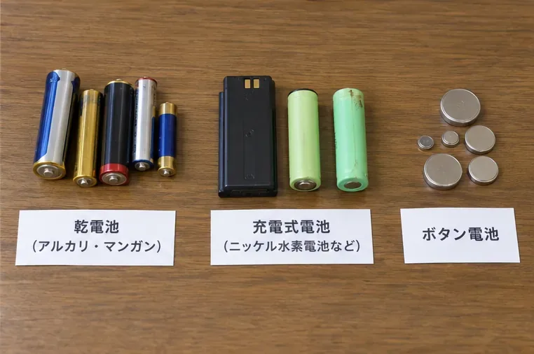 乾電池、充電式電池、ボタン電池を机上で3グループに分けて並べた様子