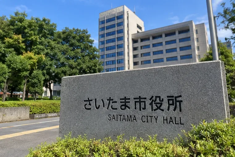 さいたま市役所の表示がある庁舎前の風景