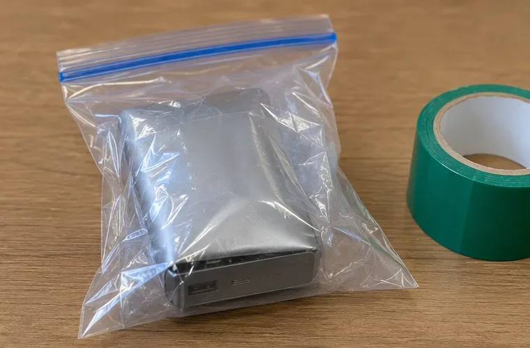 膨らんだモバイルバッテリーを周囲の物と分けて置き、そばにテープを用意している様子