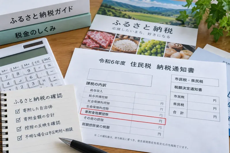 ふるさと納税の冊子と住民税納税通知書を並べ、寄附金税額控除の欄を確認する机上の様子
