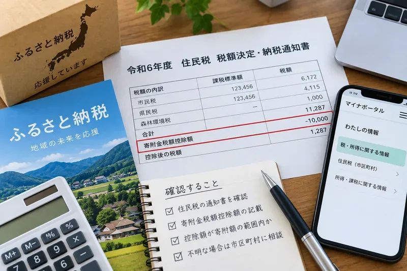 住民税の税額決定通知書の寄附金税額控除欄、ふるさと納税資料、確認チェックリスト、スマートフォンを並べた机上