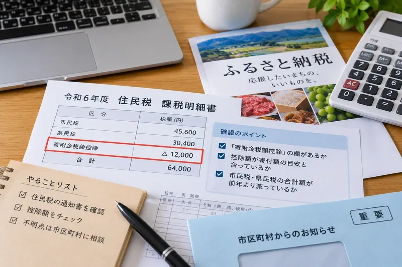 住民税課税明細書の寄附金税額控除欄とふるさと納税冊子、確認ポイントのメモ、市区町村からのお知らせを並べた机上