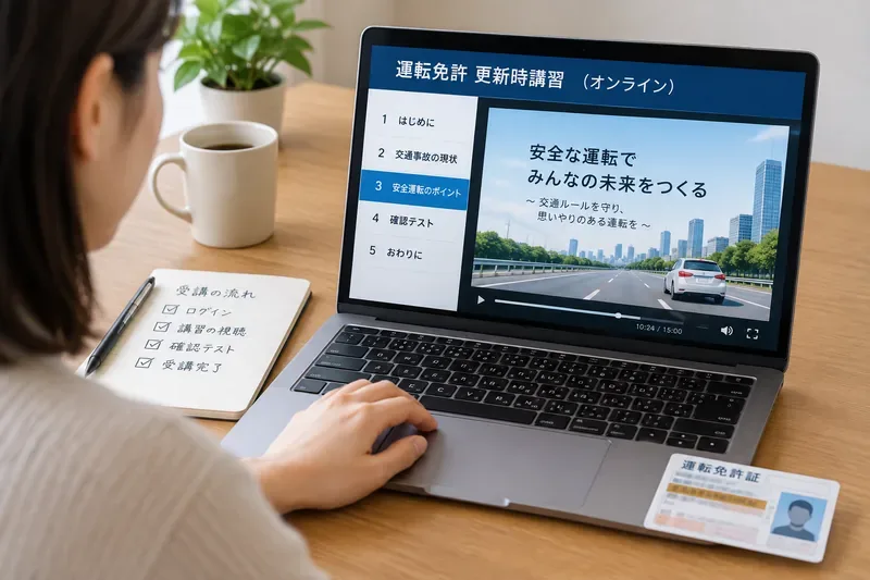 オンライン更新時講習の動画と確認項目をパソコンで確認している様子