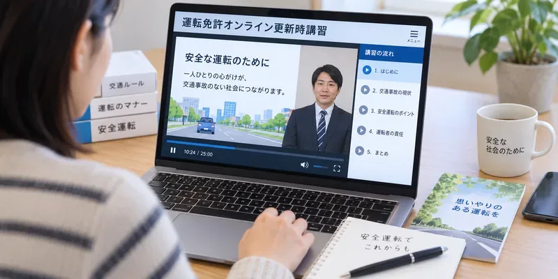 自宅の机でパソコンを使い、オンライン更新時講習の受講環境を確認している様子