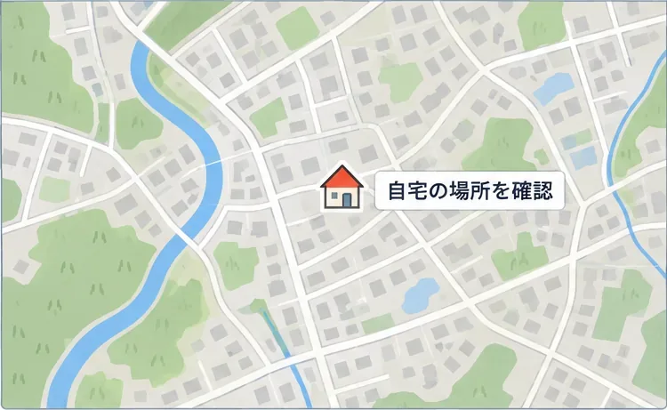 架空の街路図に自宅の印が置かれ、自宅の場所を地図で確認する様子