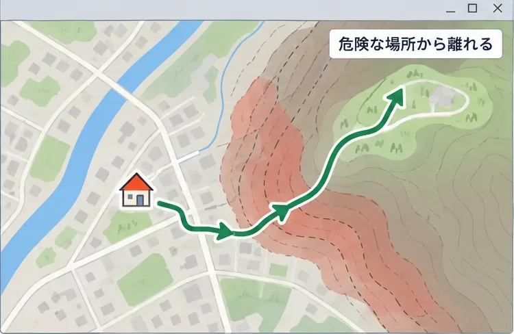 川と斜面から離れる方向へ住宅から緑色の経路が伸びる模式地図