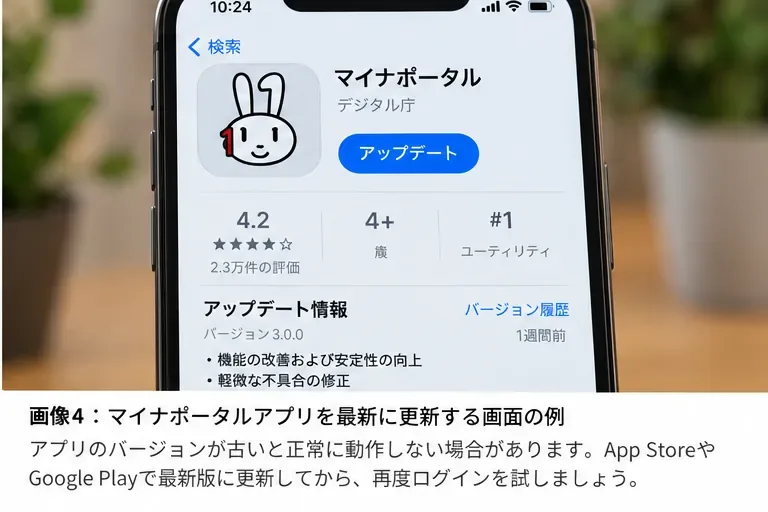 スマートフォンのアプリストアでマイナポータル関連アプリの更新を確認している画面例
