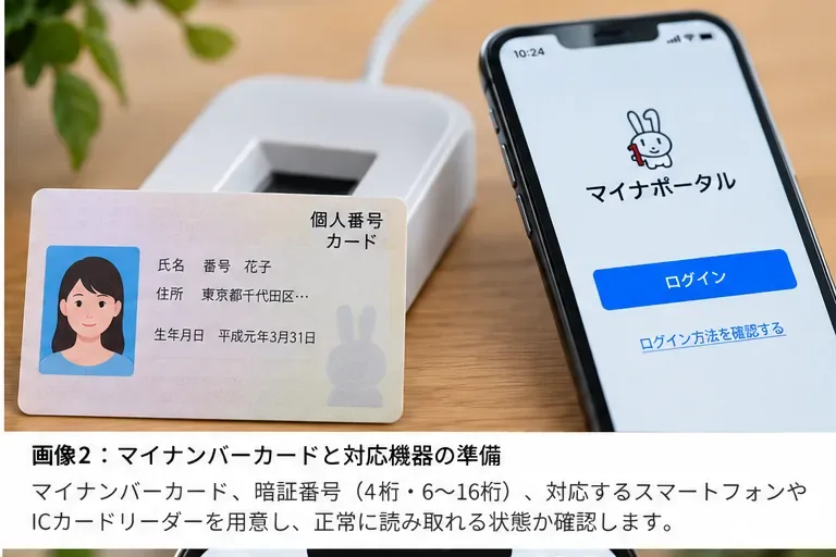 マイナンバーカード、スマートフォン、ICカードリーダライタを準備している様子