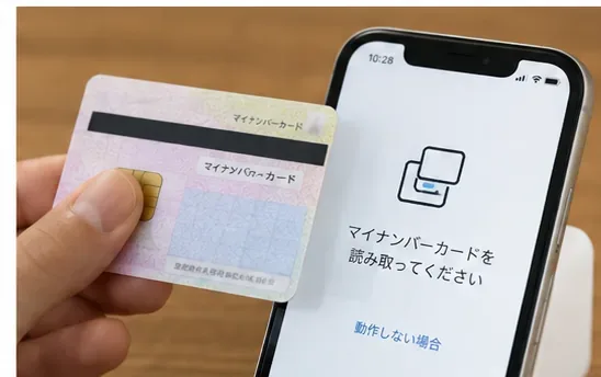 スマートフォンにマイナンバーカードを近づけて読み取り操作をしている様子
