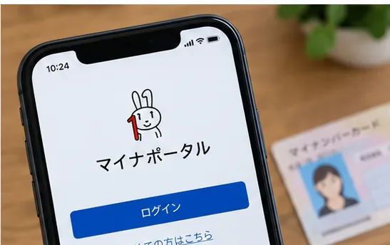 スマートフォンでマイナポータルのログイン画面を開き、横にマイナンバーカードを置いている様子