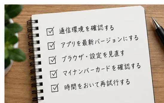 通信環境、アプリ、ブラウザ設定、マイナンバーカード、再試行を確認するチェックリスト