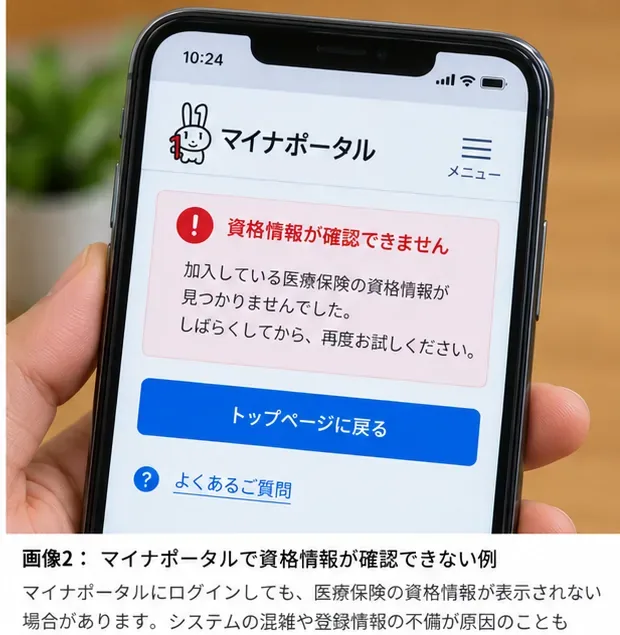 スマートフォンで健康保険の資格情報を確認できない状況を示す画面例
