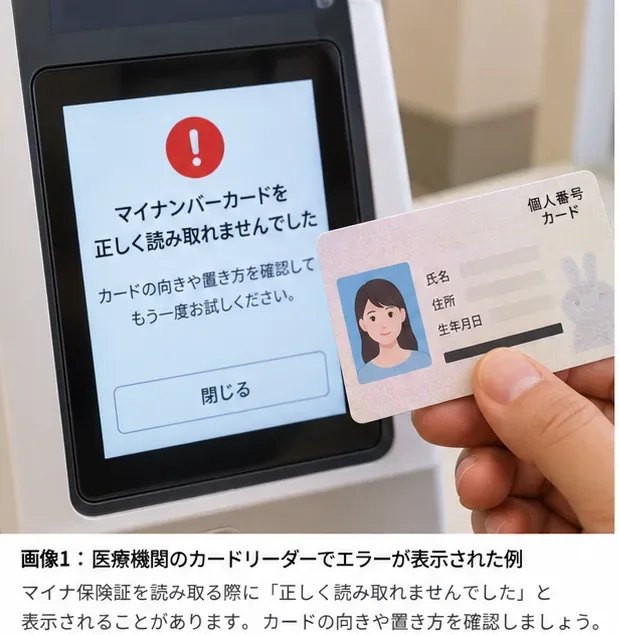 医療機関のカードリーダーでマイナンバーカードの読み取りエラーが表示された場面の例