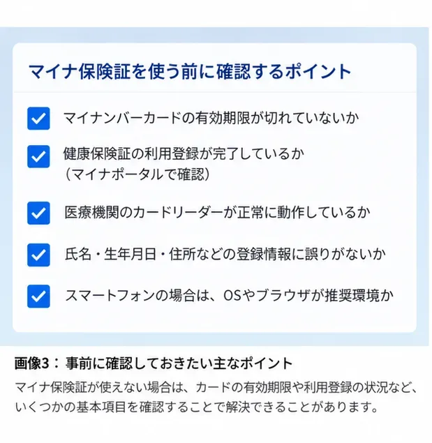 マイナ保険証を使う前に確認する項目をまとめたチェックリスト
