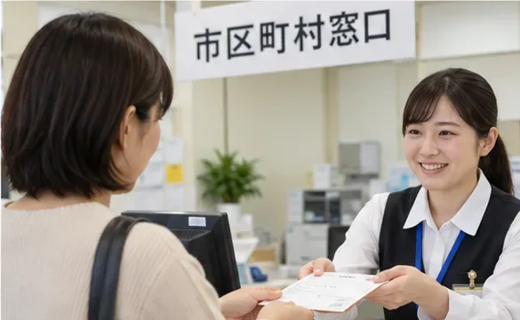 市区町村の窓口で職員に書類を提出している様子