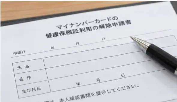 マイナンバーカードの健康保険証利用の解除申請書にペンで記入する場面
