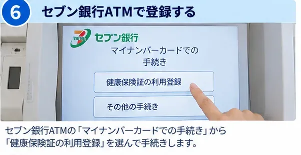 セブン銀行ATMでマイナンバーカードの健康保険証利用登録を選択するイメージ