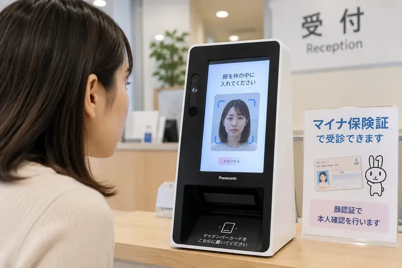 医療機関の受付で、利用者が顔認証付きカードリーダーの画面に顔を合わせて本人確認を試している様子