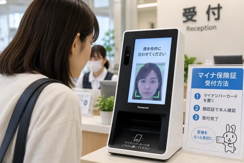 顔認証付きカードリーダーの前で、利用者が本人確認方法を選ぶため画面を確認している様子