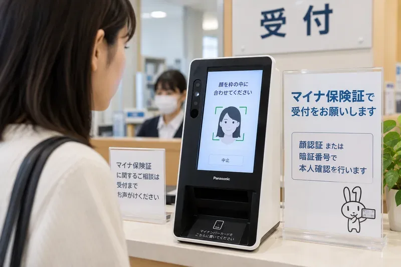医療機関の受付で、顔認証付きカードリーダーの横に職員がいて、利用者がサポートを受けられる状況