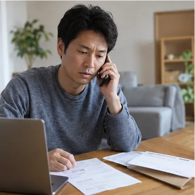 自宅で保険関係の書類を広げ、電話で問い合わせをしている男性