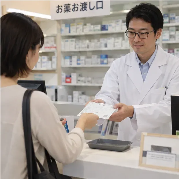 調剤薬局の窓口で来局者が薬剤師に書類を渡している様子