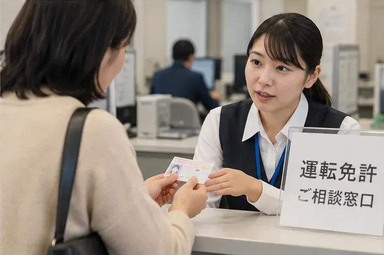 運転免許に関する相談窓口で、利用者がマイナンバーカードを示しながら相談している様子