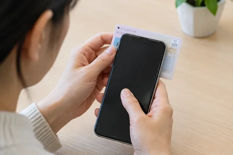 マイナ免許証をスマートフォン背面の読取位置に近づけ、位置を合わせている様子