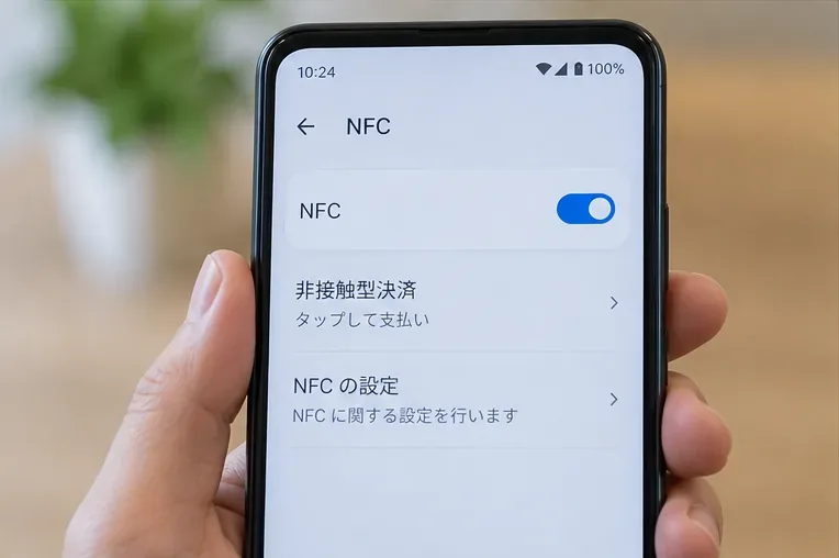 Androidスマートフォンの設定画面でNFC機能がオンになっていることを確認している様子