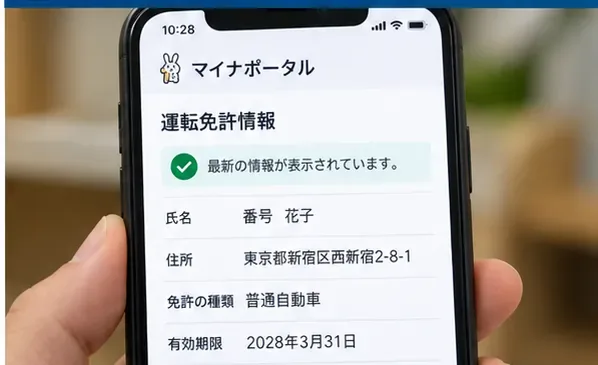 スマートフォンで運転免許情報の住所などを確認している画面