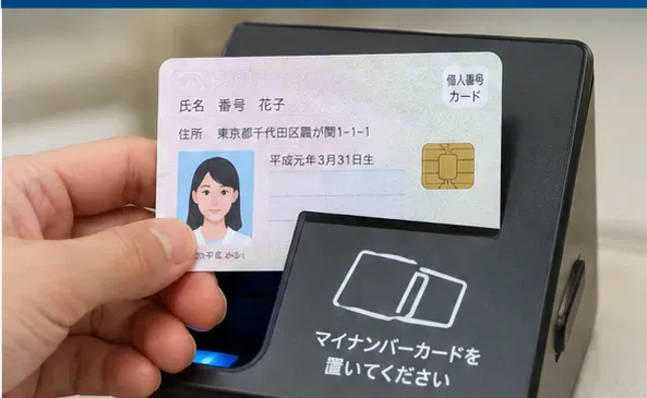 運転免許センターなどの専用端末にマイナンバーカードをかざして手続きを行う場面