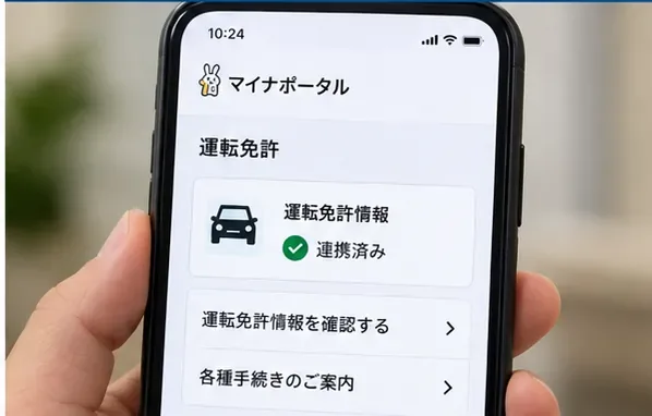 スマートフォンのマイナポータル画面で運転免許情報の連携状況を確認している場面