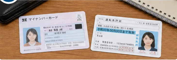 机の上にマイナンバーカードと運転免許証を並べ、どの暗証番号について困っているのか確認する場面
