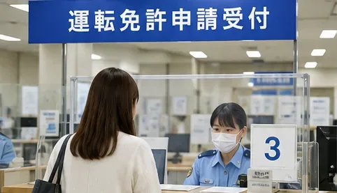 運転免許の申請受付カウンターで利用者が職員と手続きをしている場面